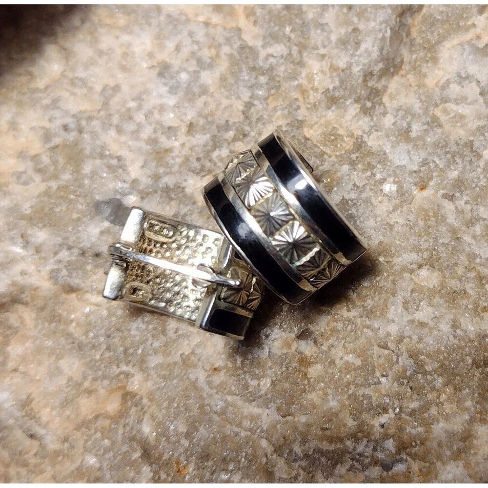 VTG CX Bright Cut Sterling Silver 925 Black Enamel Wide Hoop Hugger Earrings